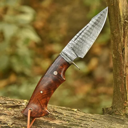 Miniatura 3 de Cuchillo de caza de 10 pulgadas – Cuchillos de hoja fija hechos a mano de acero de Damasco – Mango de madera de nogal y funda de cuero – Cuchillo