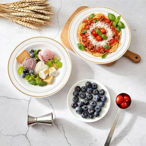 Miniatura 3 de N9R 30 cuencos de plástico desechables con borde dorado, cuencos de plástico blanco elegante de 12 onzas, cuencos de ensalada de postre de primera