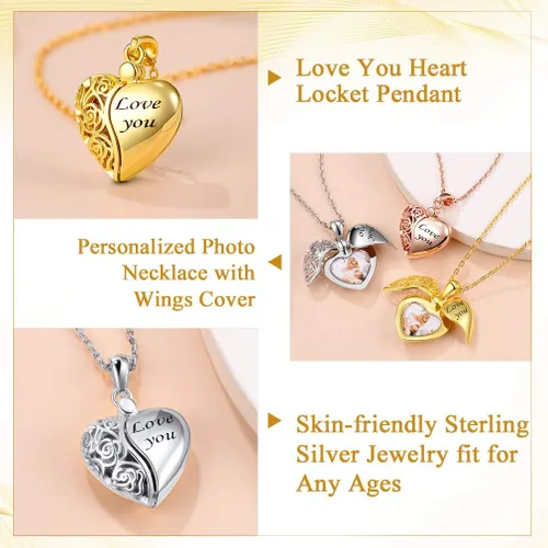 Miniatura 4 de Custom4U Collar de medallón personalizado para mujer, collar de medallón de corazón de plata que sostiene la imagen, cadena conmemorativa de 16 a 22