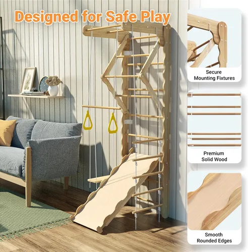 Miniatura 4 de Gimnasio de la selva de madera 5 en 1 para interiores para niños, escalera sueca montada en la pared con barra de agarre, anillos, columpio