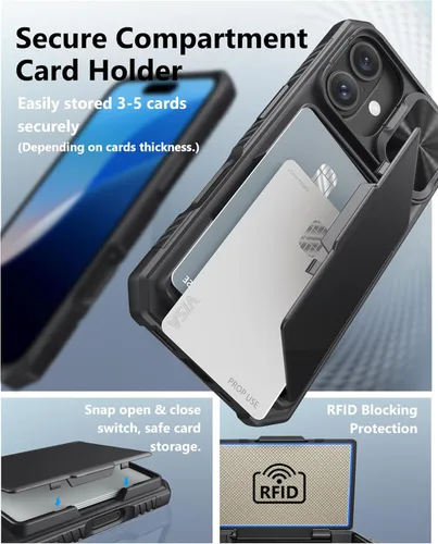 Miniatura 3 de ATATOO Funda para iPhone 16 con tarjetero (almacena 3-5 tarjetas) [bloqueo RFID] y funda para cámara deslizante, protección de grado militar, funda