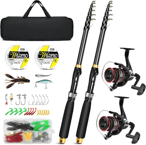 Combo de caña de pescar y carrete de 6.89 pies, 2 cañas de pescar telescópicas de fibra de carbono, 2 carretes giratorios, 2 líneas de pesca, juego