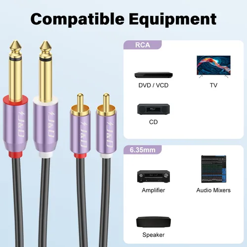 Miniatura 4 de J&D Cable dual TS de 1/4 de pulgada a RCA dual, carcasa de aleación de aluminio morado, chapado en oro, 0.079 x 0.250 in macho TS a 2 RCA macho