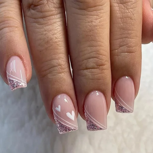 Miniatura 16 de Uñas postizas verdes a presión - Uñas falsas cortas cuadradas con purpurina dorada y diseños de remolino, acabado brillante, uñas postizas acrílicas