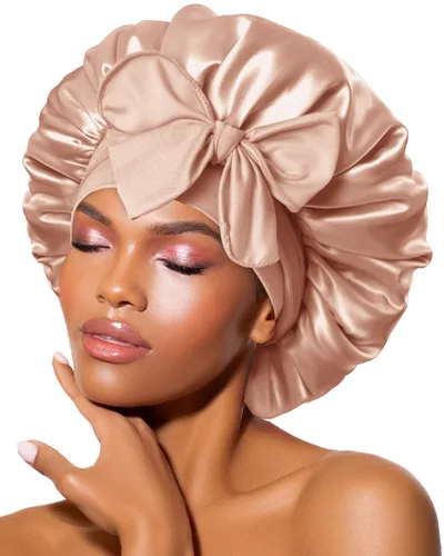 Miniatura 44 de Gorro de satén de seda para dormir con banda ancha para cabello rizado, color rosado oro rosa claro