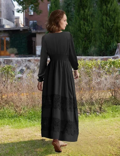 Miniatura 25 de Vestido largo de encaje para mujer de manga corta y cuello en V, vestido de fiesta estilo bohemio con cintura fruncida, vestido bohemio para mujer