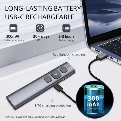 Miniatura 4 de Norwii Clicker de presentación N95, clicker de PowerPoint para control remoto de presentación, puntero inalámbrico recargable, avance de USB A