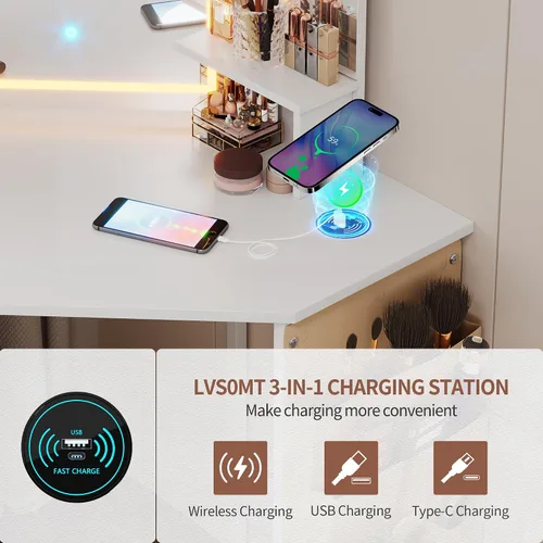 Miniatura 7 de LVSOMT Escritorio esquinero de maquillaje con espejo y luces, tocador de 44 pulgadas con estación de carga, mesa de maquillaje con taburete, armario