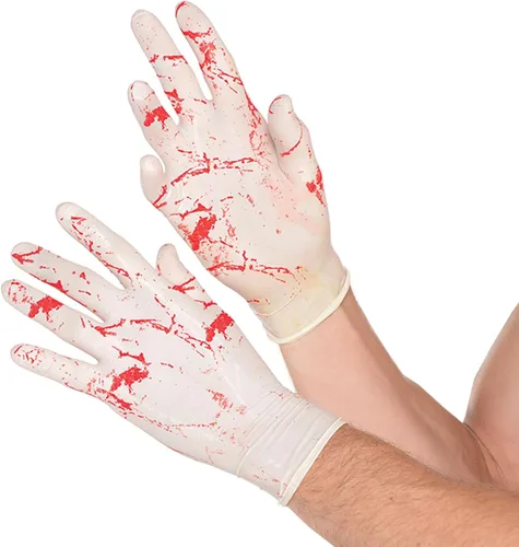 Guantes de goma sangrientos, color blanco espeluznante con manchas rojas (1 unidad), accesorio definitivo de Halloween y aterradoramente realista,