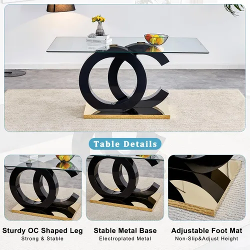 Miniatura 6 de gopop Mesa de comedor de cristal de 63 pulgadas, mesa de cocina moderna, mesa de comedor de vidrio transparente con patas de diseño único negro