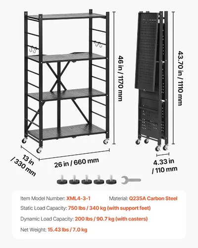 Miniatura 3 de VEVOR Estantería plegable de 4 niveles, estante de almacenamiento de metal plegable de 26 pulgadas de ancho x 13 pulgadas de profundidad x 46 Negro