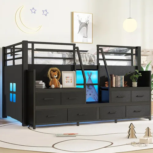 Bellemave Twin Size Low Loft Bed with 8 Fabric Storage Drawers,Metal Loft Bed Frame with Shelves and LED Lights for Boys Girls,Kids Loft Bed Twin