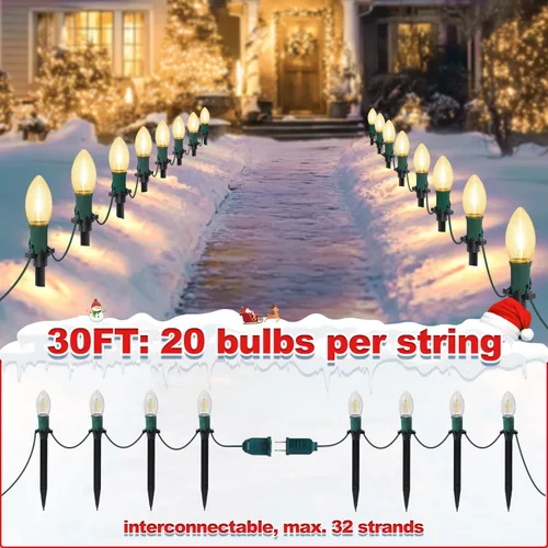 Miniatura 6 de USOKYO 20 bombillas LED C9 de 30 pies, luces LED de Navidad para exteriores, bombillas LED blancas cálidas, impermeables, conectables, luces
