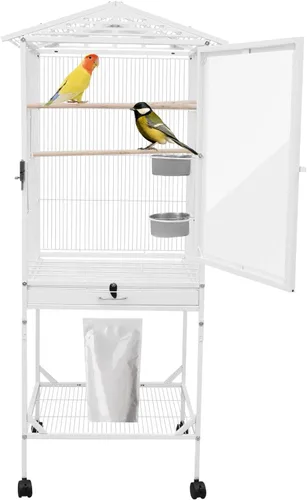 Miniatura 12 de Jaula grande para pájaros, jaulas movibles para pájaros con ruedas, 4 ventanas de alimentación, bandeja deslizante, aviario panorámico para pájaros