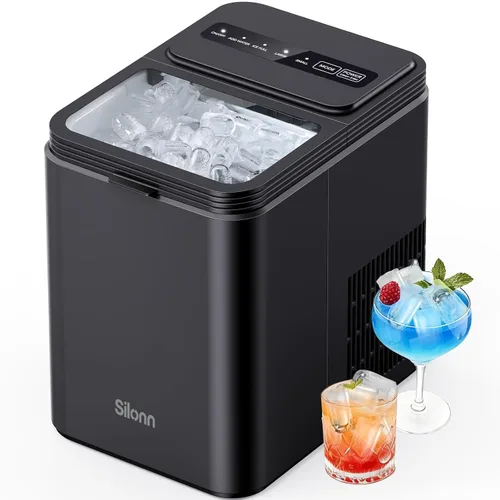Miniatura 30 de Silonn Máquina de hielo para encimera con asa, 26 libras en 24 horas, 9 cubitos de hielo listos en 6 minutos, máquina de hielo autolimpiante