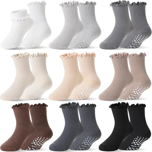 Miniatura 8 de Calcetines tipo crew de algodón con volantes y agarre antideslizante para bebés y niñas pequeñas, para uniforme escolar, transpirables, 9 pares
