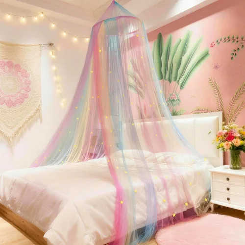 Miniatura 10 de Mosquitera de arco iris, toldo de cama de princesa para decoración de habitación de niñas o fiesta temática de unicornio