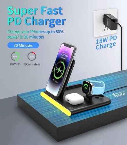 Miniatura 2 de Estación de carga plegable 4 en 1 con luz, cargador inalámbrico rápido para iPhone 11 12 13 14 15 16 y Apple Watch Series y Air Pods, Galaxy S9 10