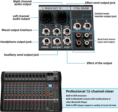 Miniatura 8 de Depensheng DX12 - Interfaz de controlador de sonido DJ con unidad USB para grabación de computadora, mezclador de audio de estudio de 12 canales
