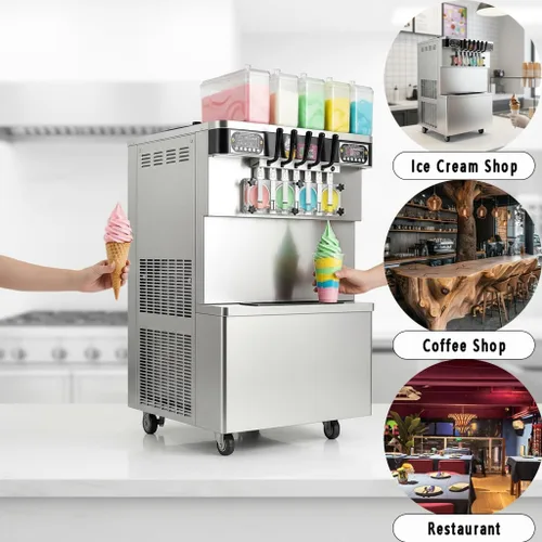 Miniatura 3 de Comercial 17 Gal/H Productor de helado suave, 7 sabores de soporte de piso suave servido máquina de helado,4+3 mezclados yogur congelado helado