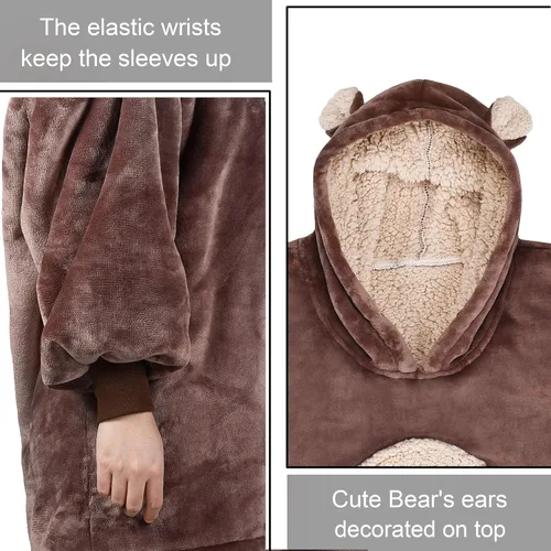 Miniatura 2 de Solaris Manta con Capucha Vestible de Oso Extragrande para Niños, Regalo Cálido y Suave para Niños, Sudadera con Capucha de Forro Polar Sherpa Súper
