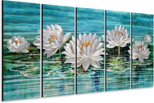 Miniatura 10 de Yihui Arts Arte de pared de flores de metal plateado, 5 piezas de arte de aluminio, escultura botánica contemporánea para sala de estar, dormitorio