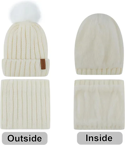 Miniatura 3 de Gorro de invierno para mujer, bufanda, guantes 3 en 1, con forro polar grueso y cálido, gorro de punto holgado con pompón