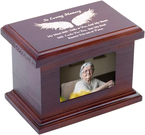 Urna conmemorativa pequeña de 5.5 pulgadas de madera con marco para fotos, caja de urna de recuerdo para cenizas humanas/de mascotas - Ala