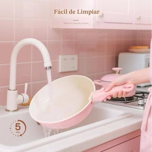 Miniatura 8 de Astercook Juego de 21 ollas y sartenes antiadherentes, juego de utensilios de cocina de cerámica, mango desmontable, juego de cocina de Rosa