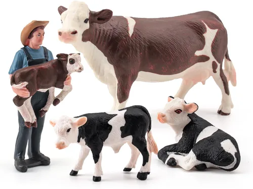LC JoyCre Juguetes de Vacas Realistas para Niños 4 piezas Vaca Simmental, Ternero Holstein Acostado, Decoración de Torta, Set de Animales de Granja,
