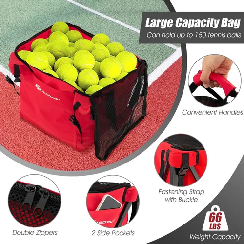 Miniatura 4 de Goplus Tolva plegable para pelotas de tenis, cesta de aluminio ligera con ruedas, bolsa extraíble, bolsillos laterales, bolsa de transporte, carrito