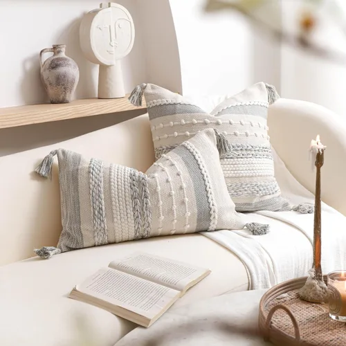 Miniatura 5 de BlissBlush Funda de almohada decorativa bohemia gris de 22 x 22 pulgadas, cojín cuadrado de estilo rústico para sofá, sala de estar y dormitorio