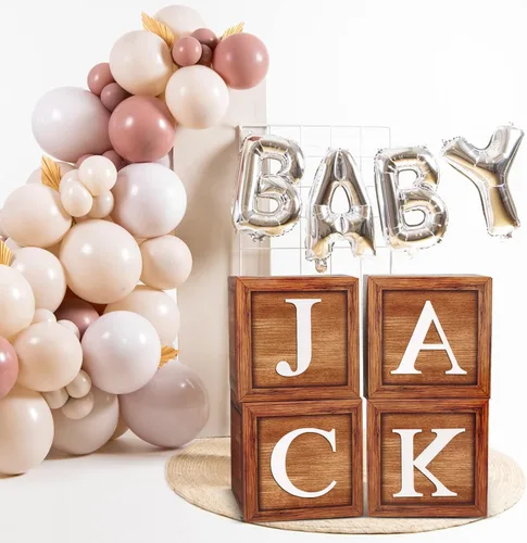 Miniatura 6 de Cajas de globos marrones para bebé con 27 letras - 4 piezas de bloques para baby shower con veta de madera y letras A-Z+B decoración de bosque y oso