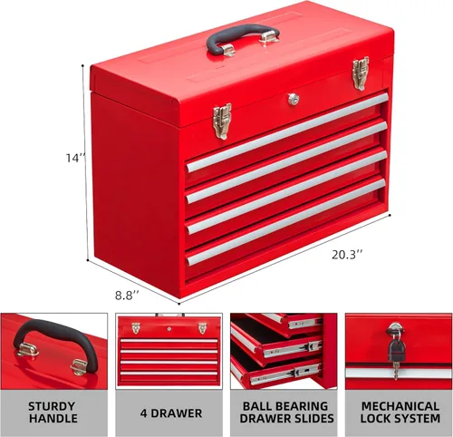 Miniatura 2 de Caja de herramientas de metal de 4 cajones, caja de herramientas portátil de acero con cierre de pestillo de metal y bloqueo de llave, bandeja