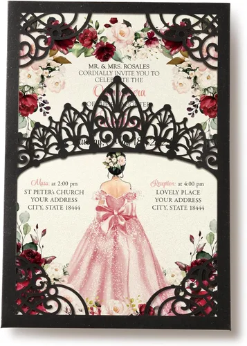 Miniatura 10 de 50 invitaciones de quinceañera con corona negra perlada cortada con láser Invitaciones de cumpleaños florales burdeos para Sweet 16/Miss XV
