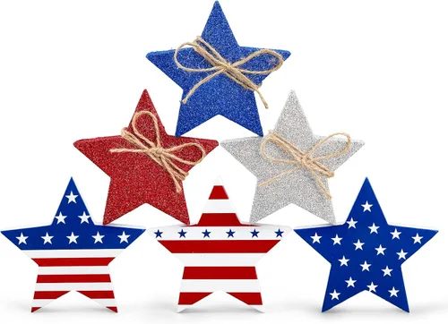 Whaline 6 piezas de decoración de mesa de estrellas de madera para el 4 de julio, letreros patrióticos de bloque de estrellas con purpurina roja,