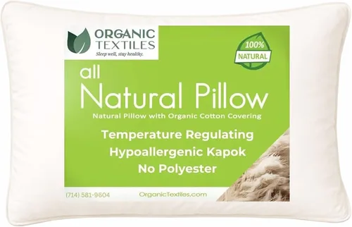 ORGANIC TEXTILES Almohada Kapok 100% orgánica con funda extraíble de algodón orgánico natural, lavable a máquina, funda ventilada con relleno
