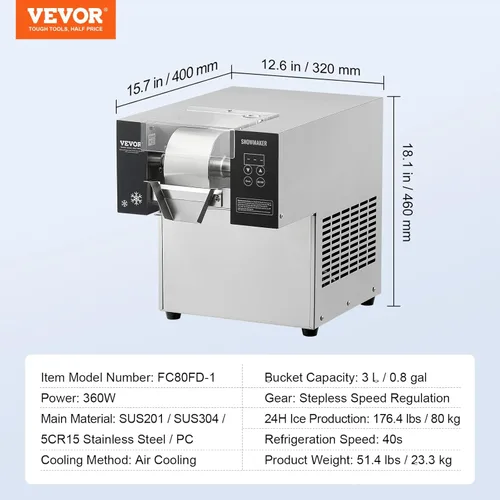 Miniatura 7 de VEVOR Máquina Comercial de Hielo en Copos, 176.4LBS/24H Fabricadora de Hielo en Copos, Máquina Raspadora de Hielo de Acero Inoxidable, Fabricadora