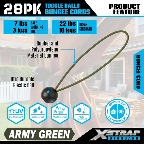 Miniatura 4 de XSTRAP STANDARD Paquete de 28 cuerdas elásticas resistentes de 9 pulgadas, bolas elásticas de lona para toldo, tienda de campaña, carga, cables
