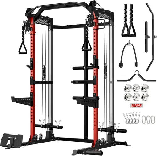 Mikolo - Jaula de fuerza de 2000LB, banco de potencia con sistema de polea doble independiente, máquina de entrenamiento multifunción para gimnasio