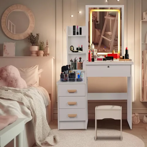 Miniatura 4 de Escritorio de tocador con espejo iluminado LED, mesa de tocador de maquillaje con 4 cajones para dormitorio, baño, tocador con luces, tocador