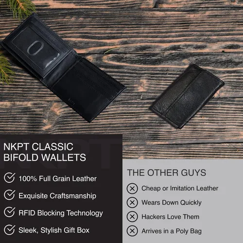 Miniatura 3 de NKPT Billetera plegable de cuero RFID premium para hombre Cuero de grano completo, protección RFID, Negro -, Minimalista