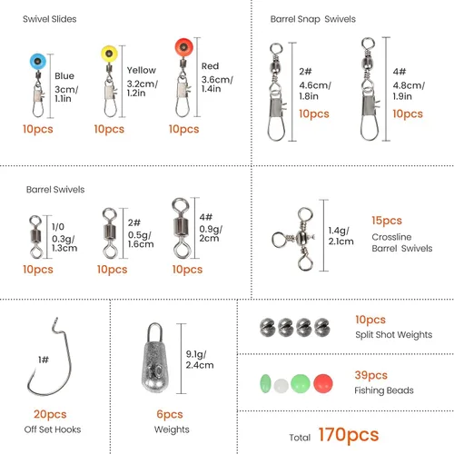 Miniatura 2 de Kit de accesorios de pesca, juego de pesca con caja de aparejos, anzuelos de pesca, pesos, cabezas de plantilla, juntas tóricas, giros de barril