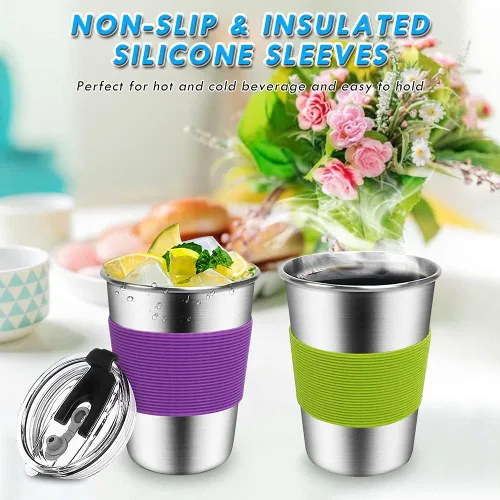 Miniatura 6 de ShineMe Vasos de acero inoxidable para niños, vasos de metal con tapas, pajitas y mangas de acero inoxidable, vaso de agua reutilizable de 12 onzas