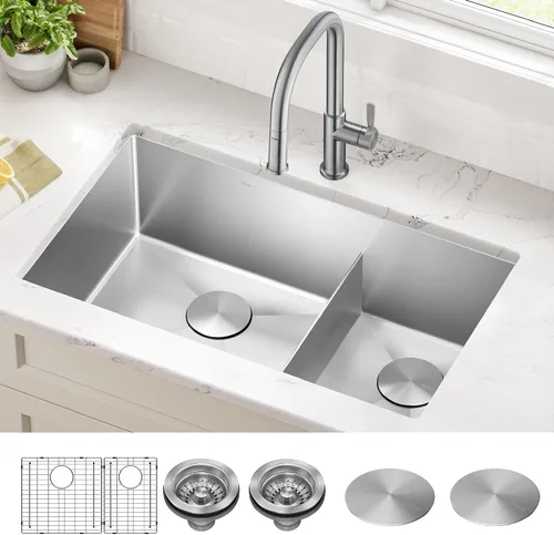 Miniatura 2 de Kraus Fregaderos de cocina de montaje inferior, fregadero de cocina de acero inoxidable de 32 pulgadas, cuenco doble 60/40, calibre 16