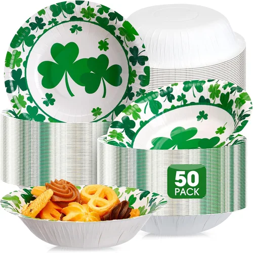 Domensi 50 cuencos de papel del día de San Patricio, 50 unidades, 16 onzas, cuencos desechables de trébol verde de la suerte, decoraciones de fiesta