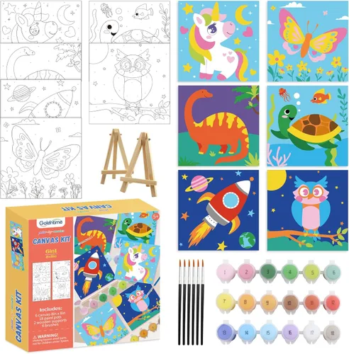 Miniatura 10 de 8 paquetes de lienzo preimpreso para pintar lienzo para niños, 48 pinturas, 8 pinceles, 2 caballetes, 8 lienzos impresos de 6x8 para niñas, niños