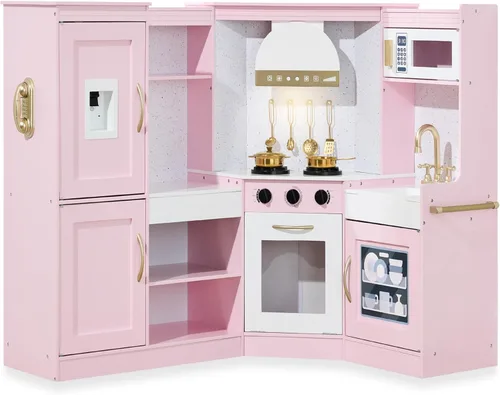 Best Choice Products - Cocina de esquina de juguete, juego interactivo de simulación de cocina de madera para niños con luces y sonidos, máquina de