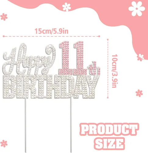 Miniatura 2 de Decoración de pastel de diamantes de imitación rosa y plateado con texto en inglés "Cheers to 11 Years Old Eleven Bday" de metal brillante