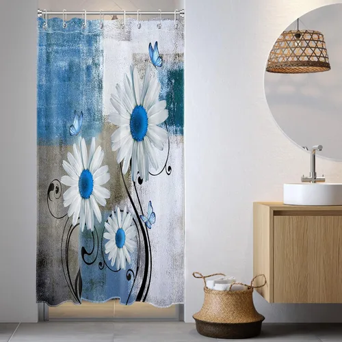 Cortina de ducha floral con margaritas azules, flores blancas y mariposas en tela moderna abstracta geométrica gris para baño, 10 ganchos, 48 x 72